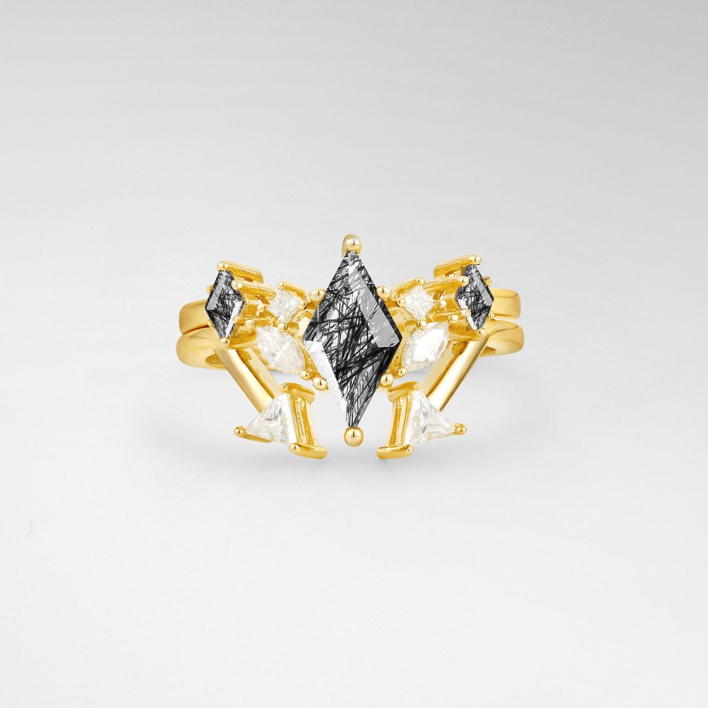Art Deco Kite Cut Black Rutilated Quartz Geometric Bridal Ring Set - product view1