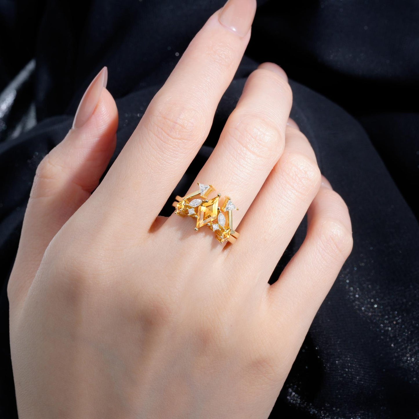 Art Deco Kite Cut Citrine Geometric Bridal Ring Set - product view2