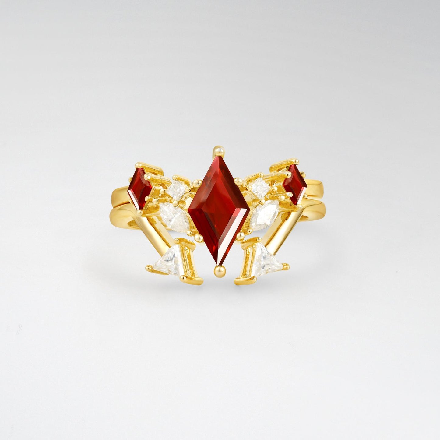 Art Deco Kite Cut Garnet Geometric Bridal Ring Set - product view1