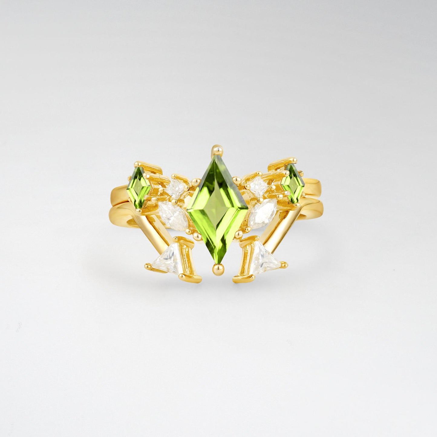 Art Deco Kite Cut Peridot Geometric Bridal Ring Set - product view1