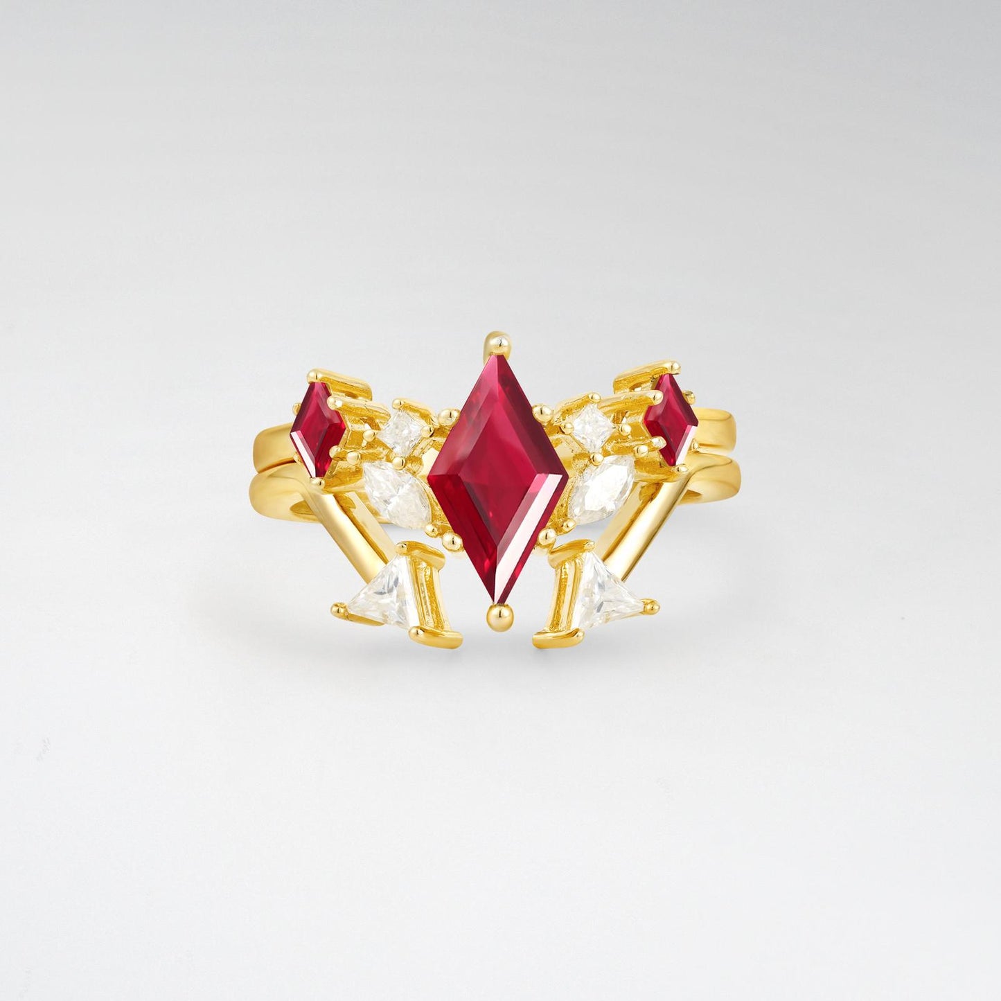 Art Deco Kite Cut Ruby Geometric Bridal Ring Set - product view1