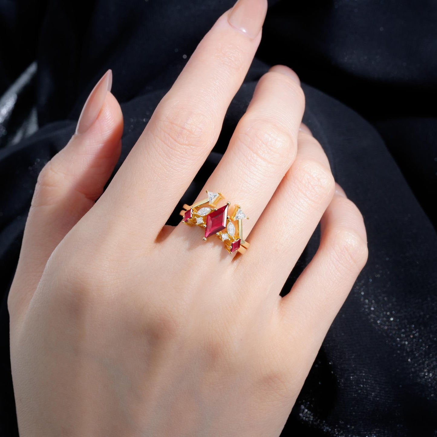 Art Deco Kite Cut Ruby Geometric Bridal Ring Set - product view2