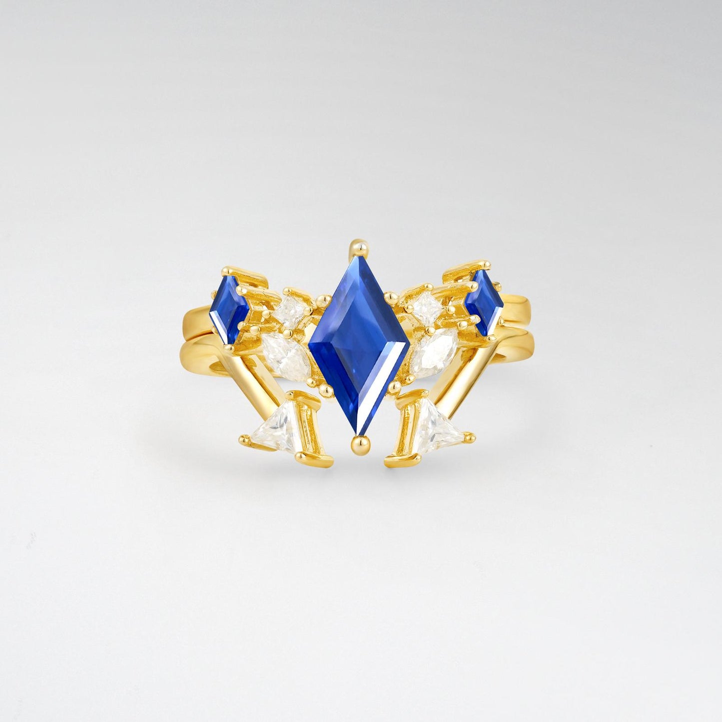 Art Deco Kite Cut Sapphire Geometric Bridal Ring Set - product view1