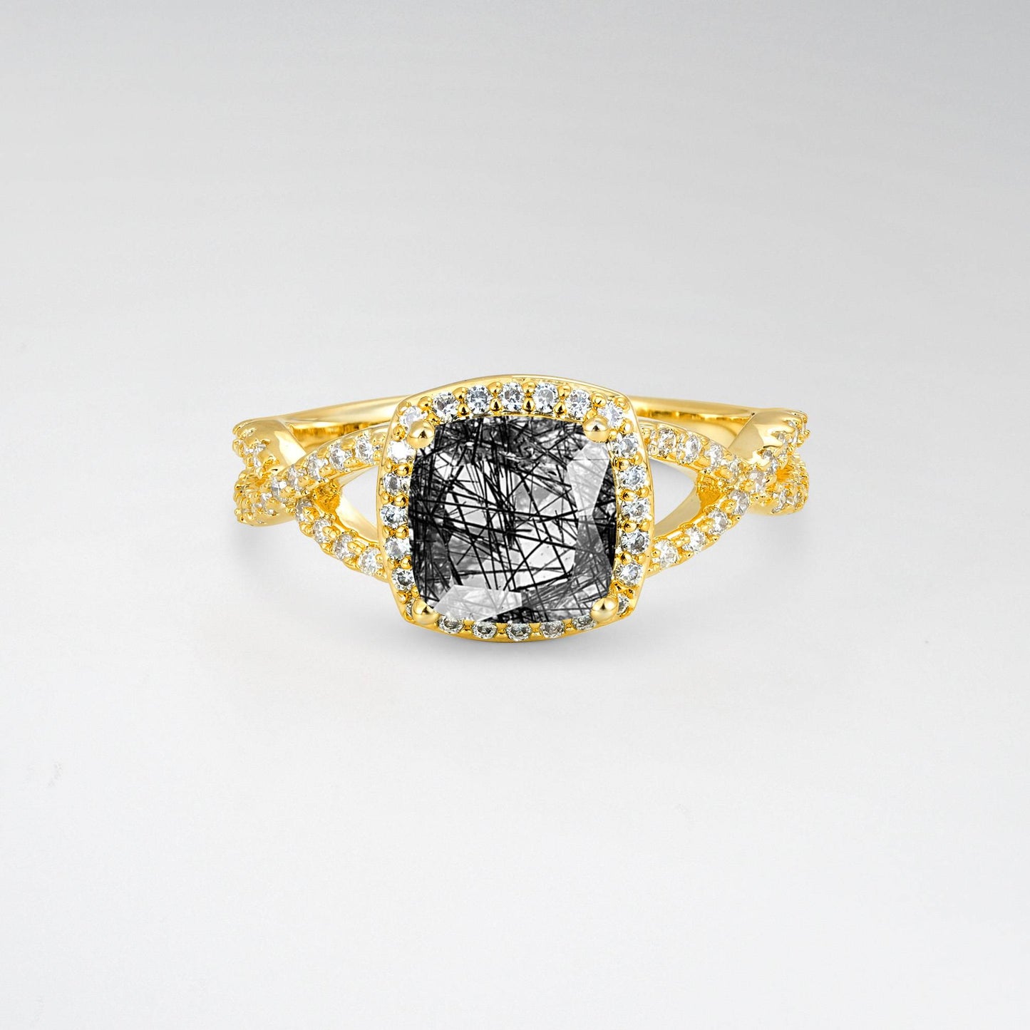Cushion Cut Black Rutilated Quartz Halo Split Shank Engagement Ring - product view1