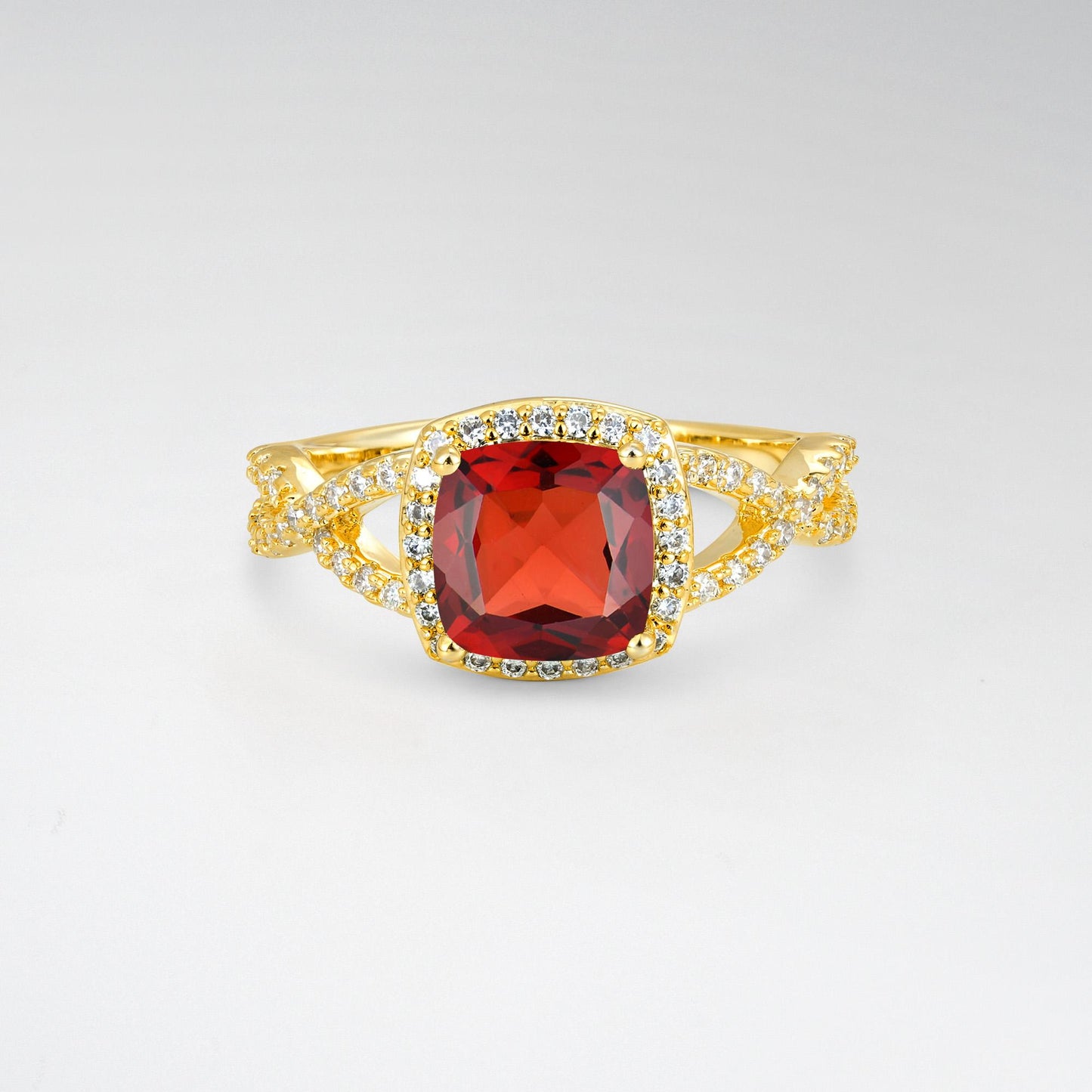 Cushion Cut Garnet Halo Split Shank Engagement Ring - product view1