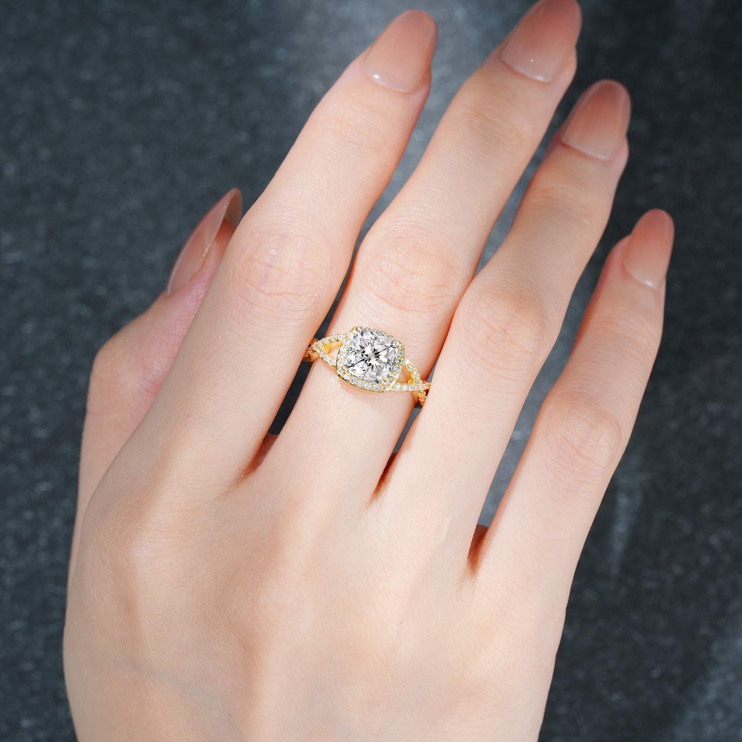 Cushion Cut Lab Diamond Halo Split Shank Engagement Ring - product view2