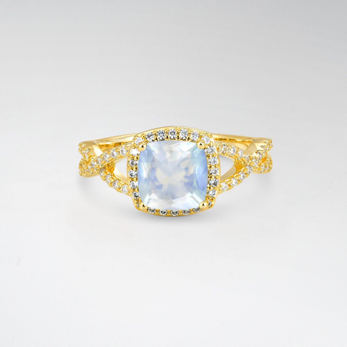 Cushion Cut Moonstone Halo Split Shank Engagement Ring - product view1