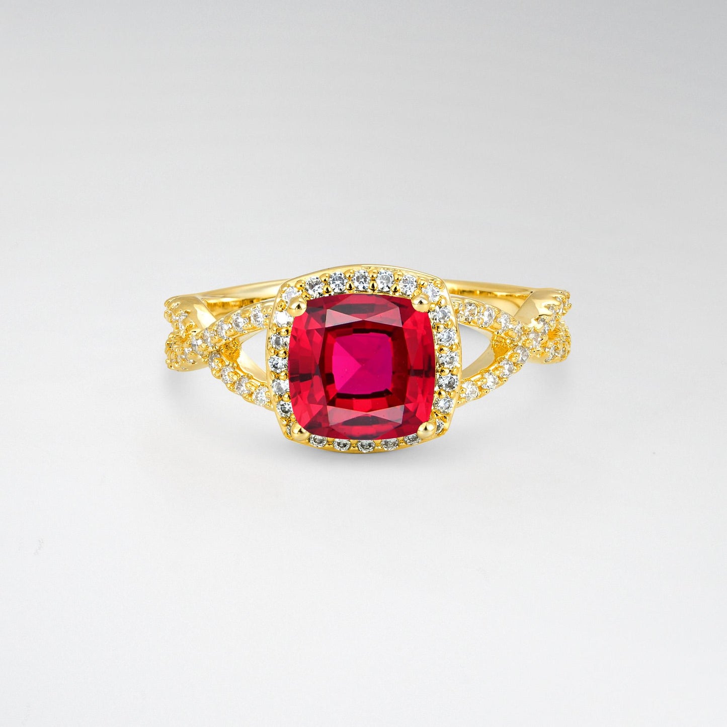 Cushion Cut Ruby Halo Split Shank Engagement Ring - product view1