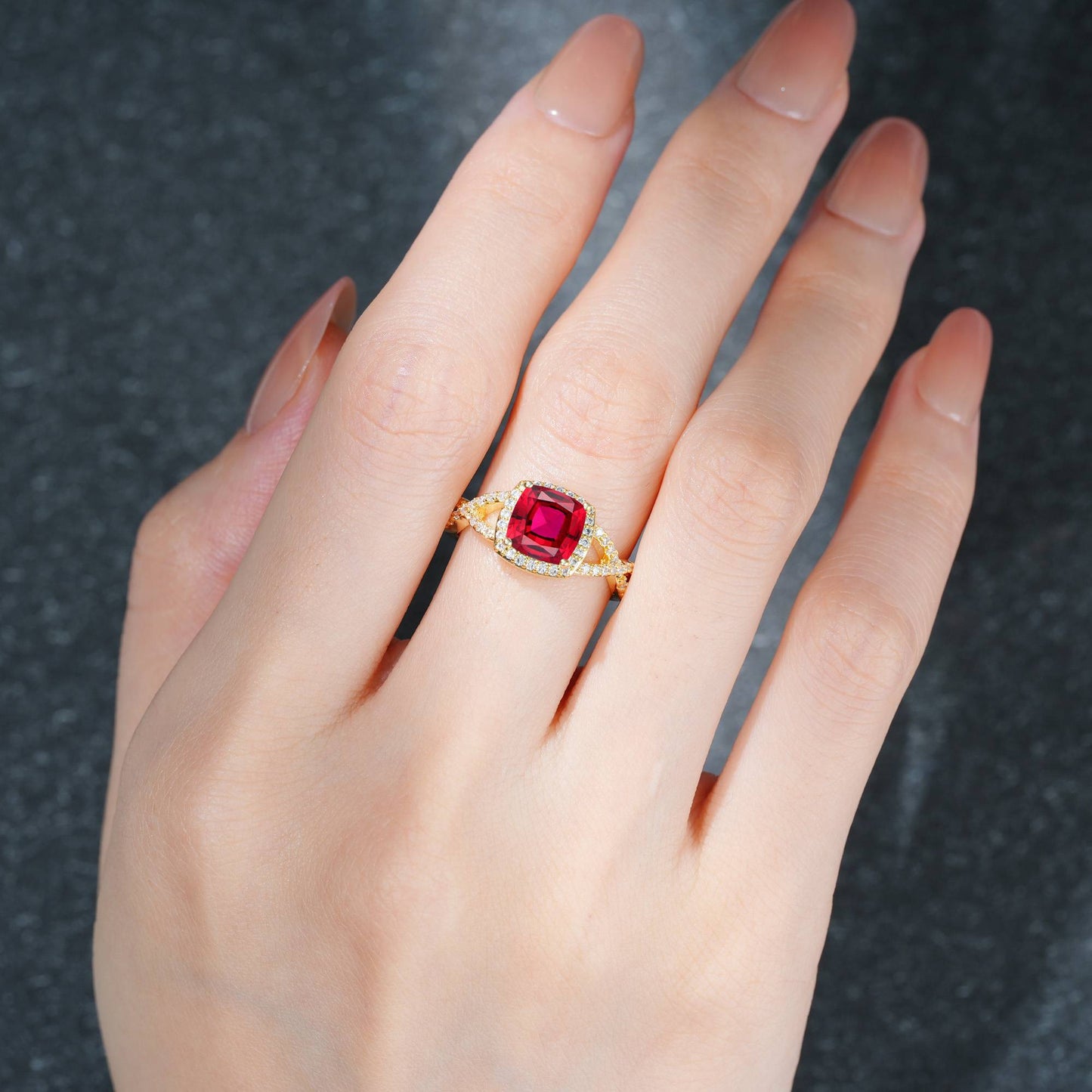 Cushion Cut Ruby Halo Split Shank Engagement Ring - product view2