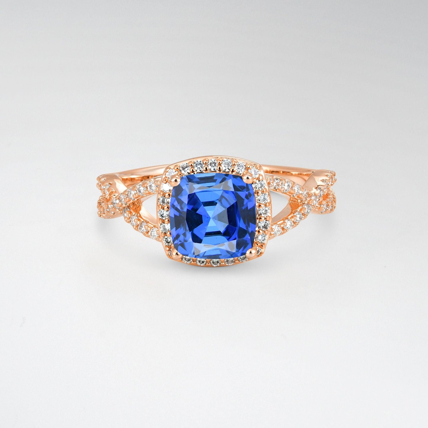 Cushion Cut Sapphire Halo Split Shank Engagement Ring - product view1