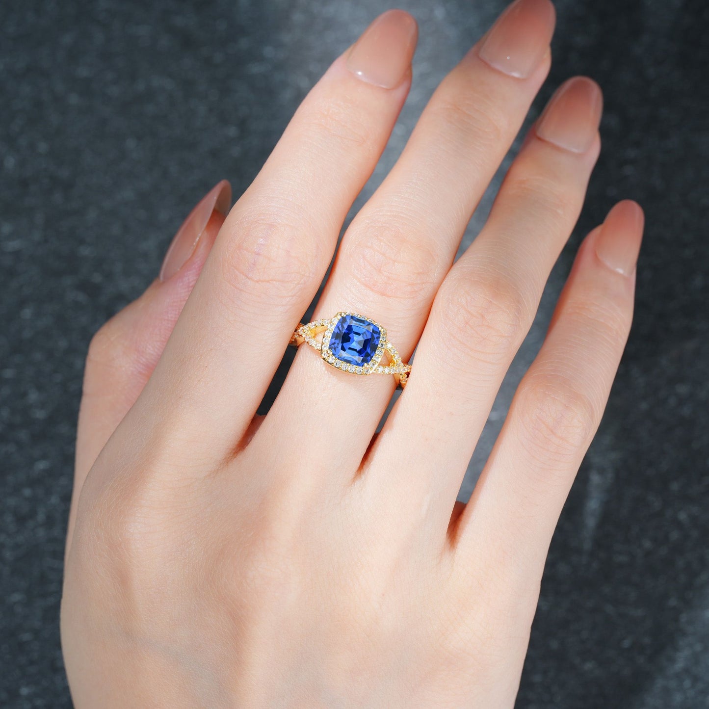 Cushion Cut Sapphire Halo Split Shank Engagement Ring - product view2