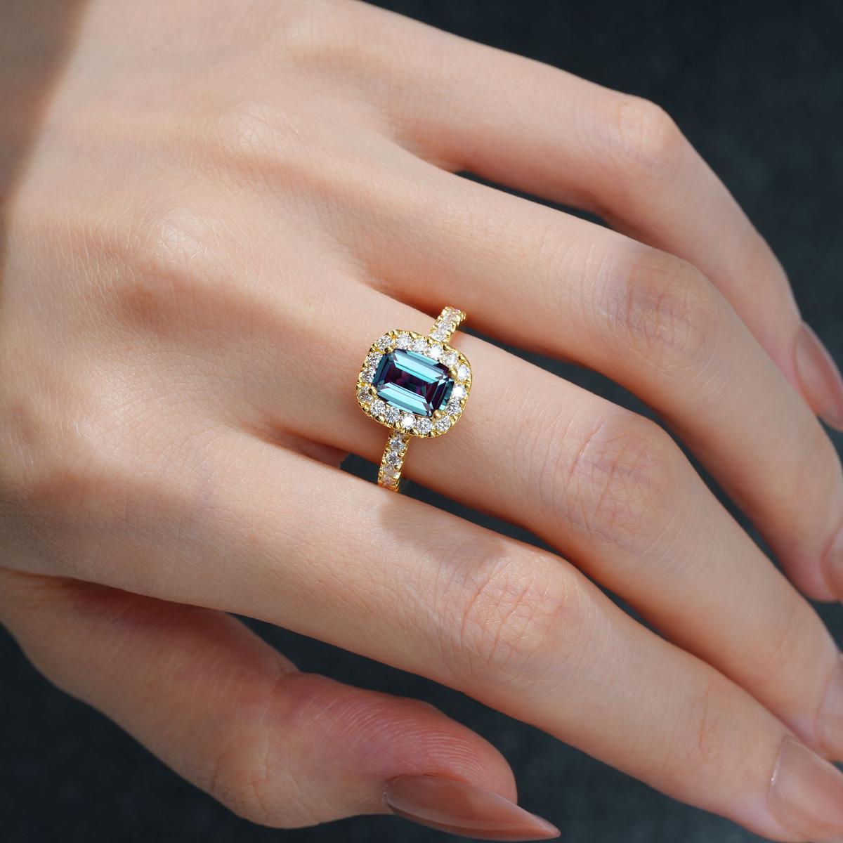 Emerald Cut Alexandrite Halo Pave Engagement Ring - product view2