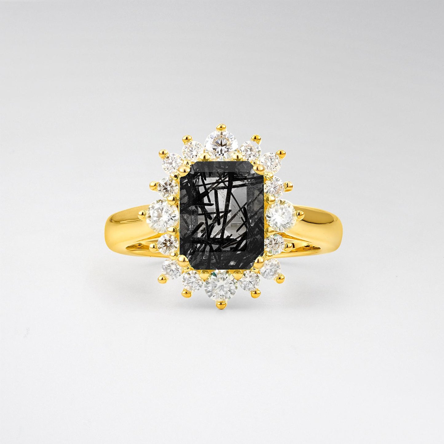 Emerald Cut Black Rutilated Quartz Halo Engagement Ring - product view1