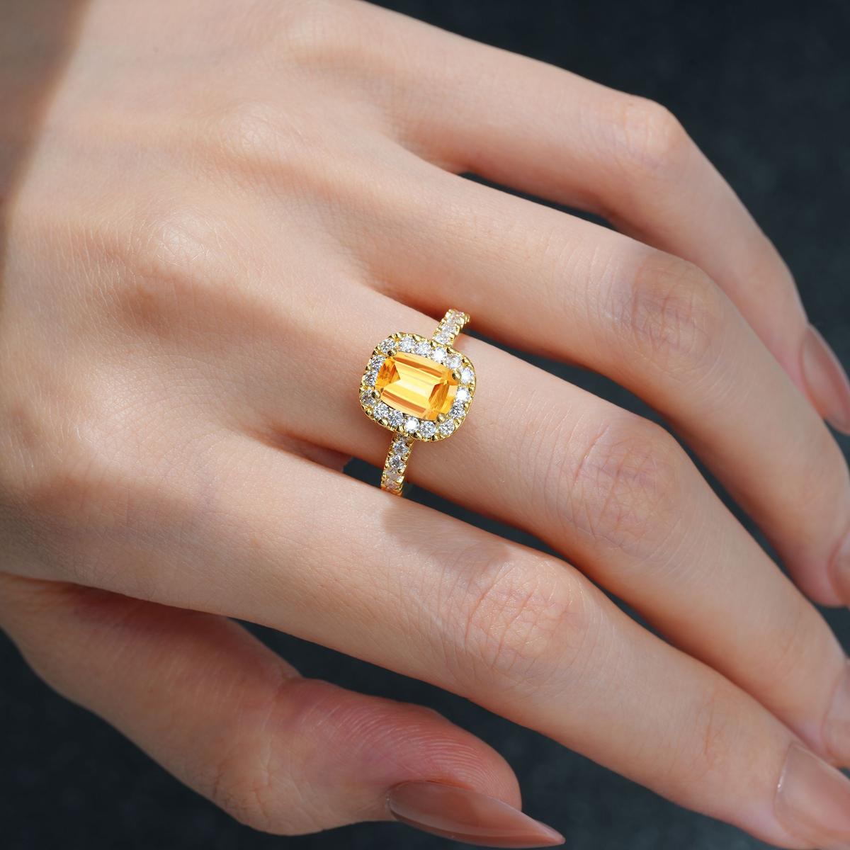 Emerald Cut Citrine Halo Pave Engagement Ring - product view2
