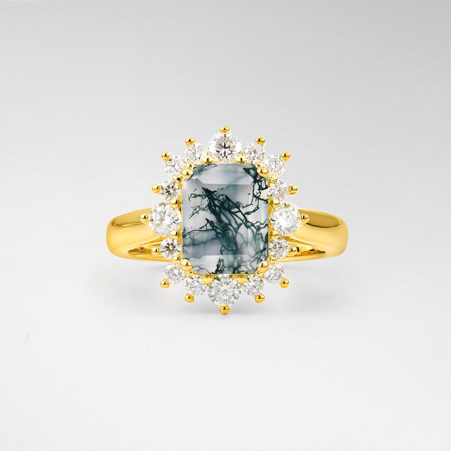 Emerald Cut Moss Agate Halo Engagement Ring - product view1