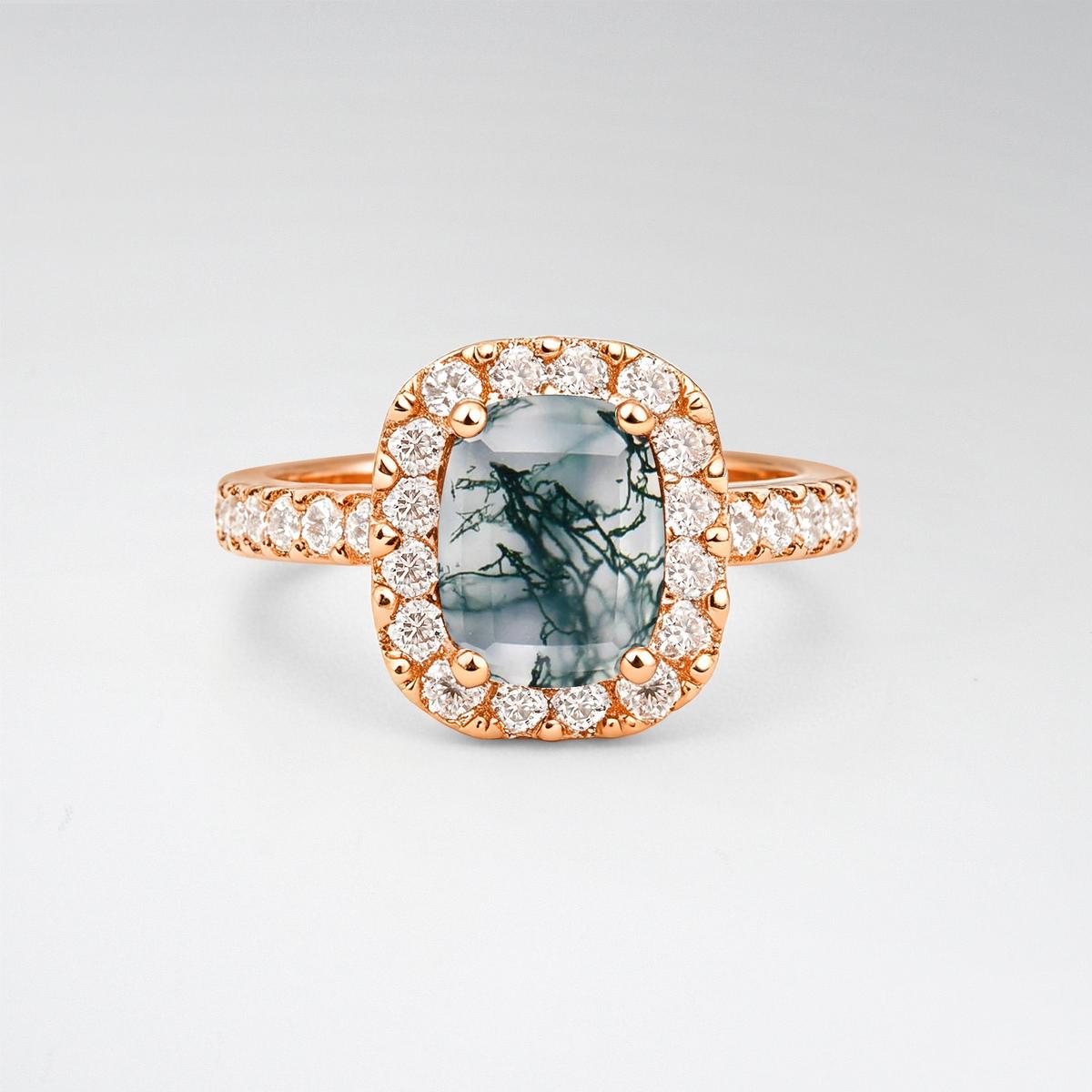 Emerald Cut Moss Agate Halo Pave Engagement Ring - product view1