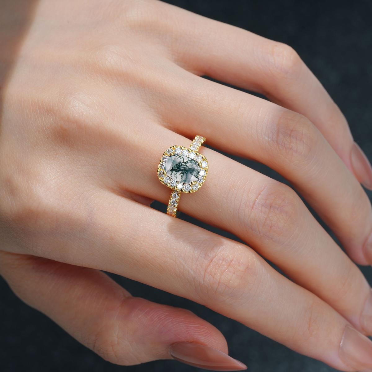 Emerald Cut Moss Agate Halo Pave Engagement Ring - product view2