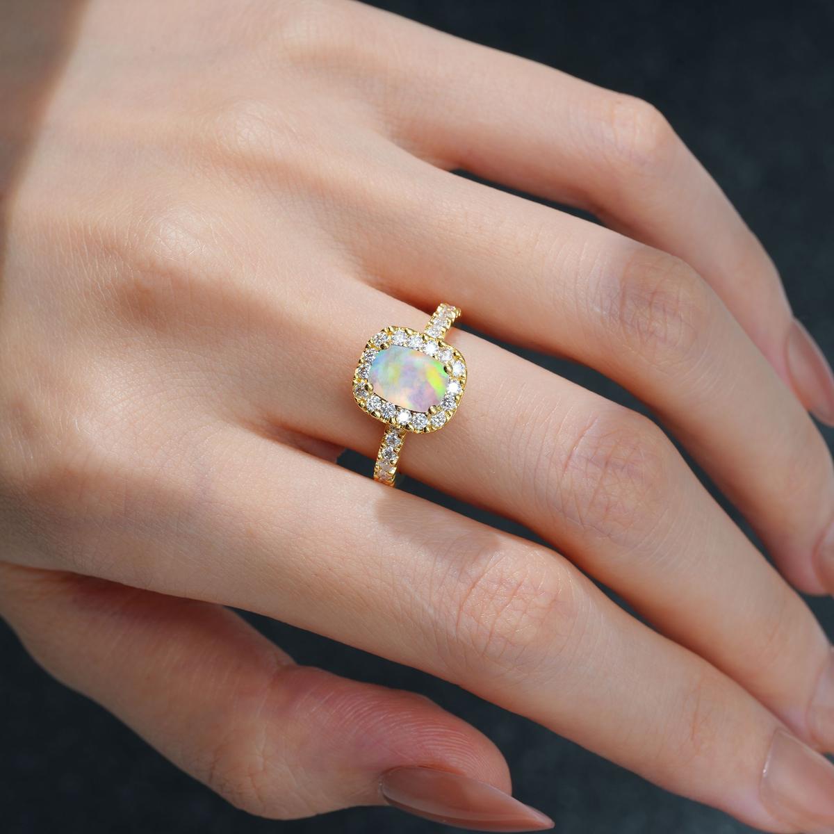 Emerald Cut Opal Halo Pave Engagement Ring - product view2