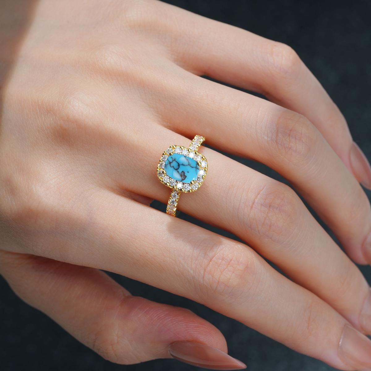Emerald Cut Turquoise Halo Pave Engagement Ring - product view2