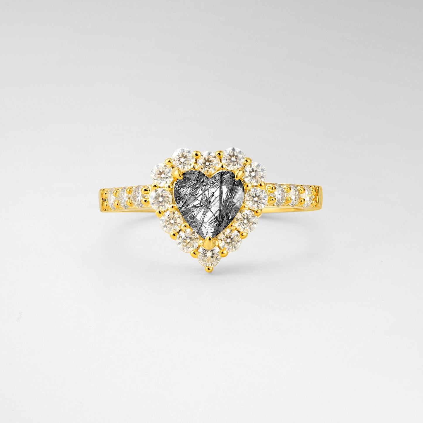 Heart Cut Black Rutilated Quartz Halo Pave Engagement Ring - product view1