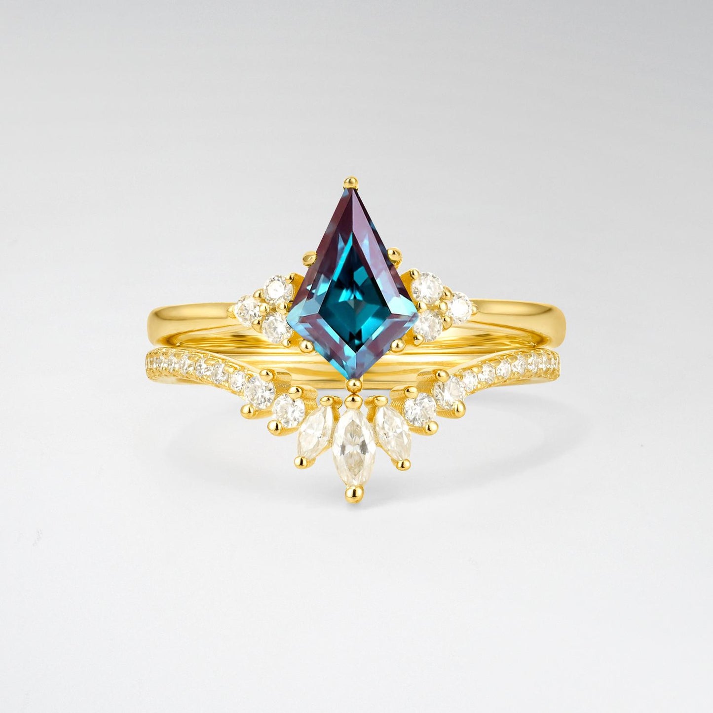 Kite Cut Alexandrite Marquise Cluster Bridal Ring Set - product view1