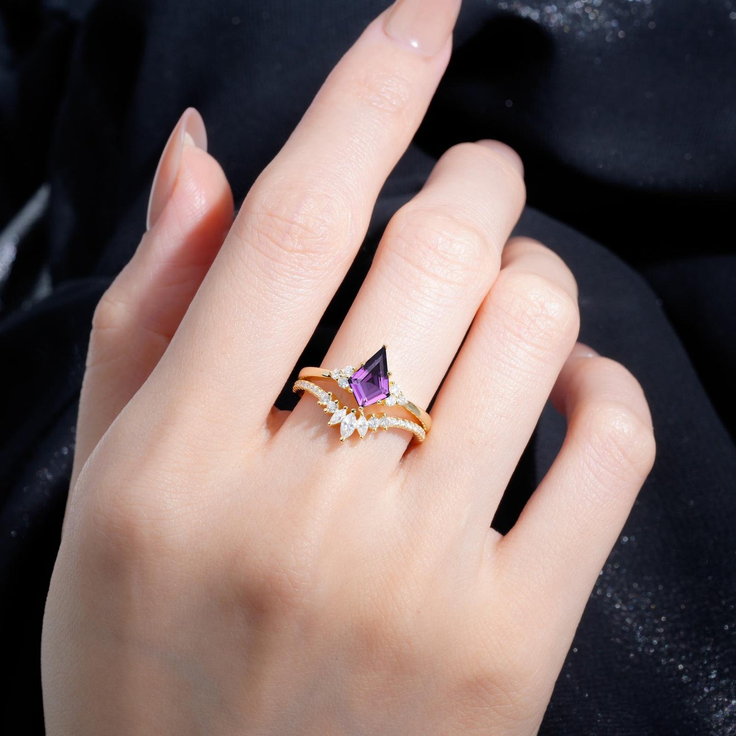 Kite Cut Amethyst Marquise Cluster Bridal Ring Set - product view2