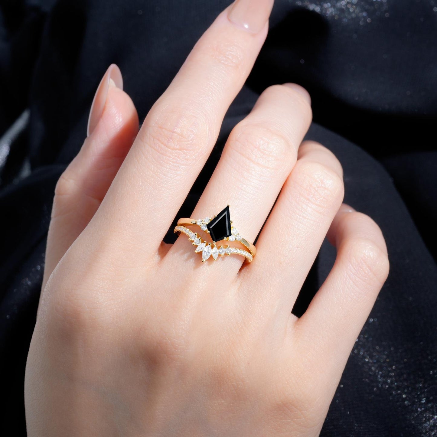 Kite Cut Black Onyx Marquise Cluster Bridal Ring Set - product view2