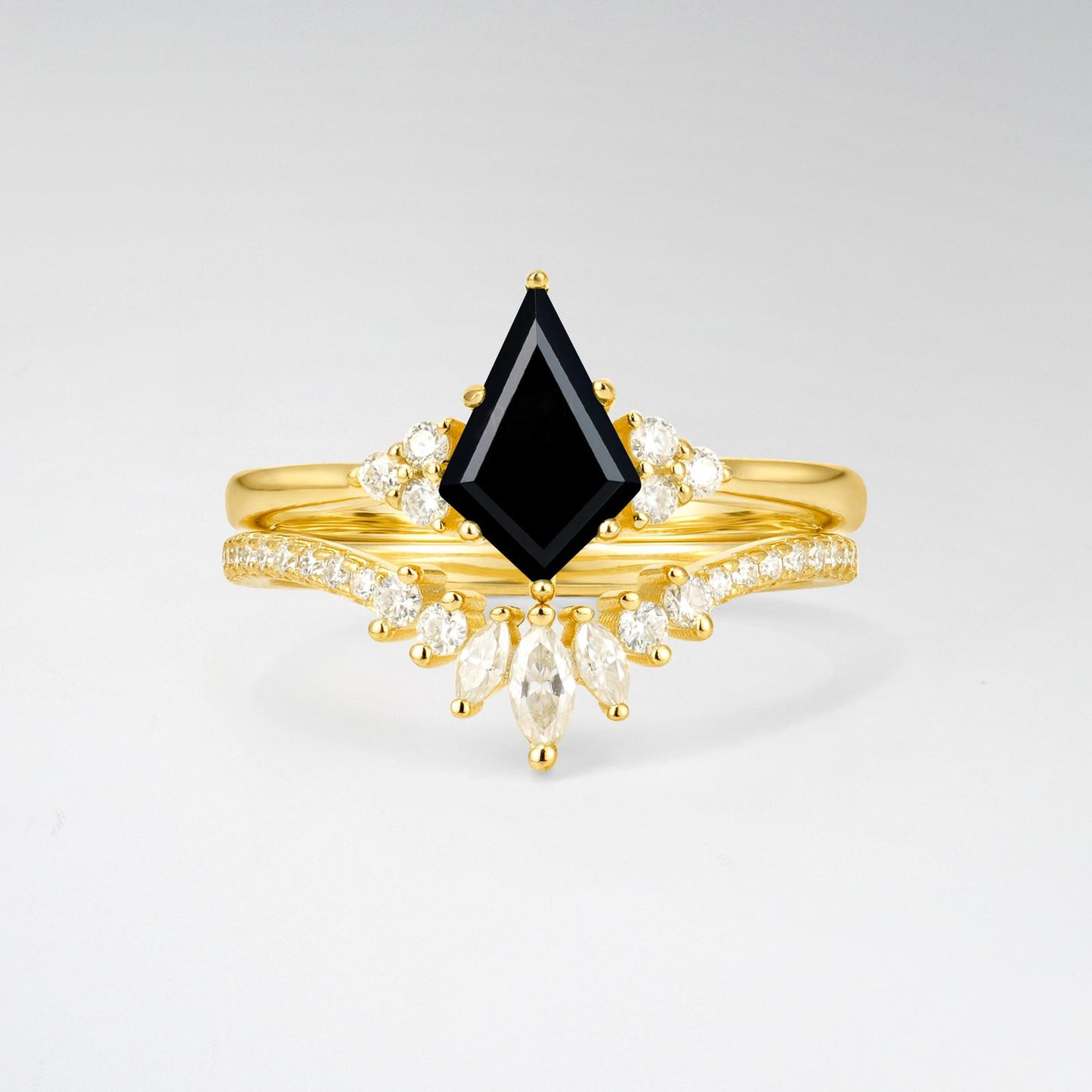 Kite Cut Black Onyx Marquise Cluster Bridal Ring Set - product view1