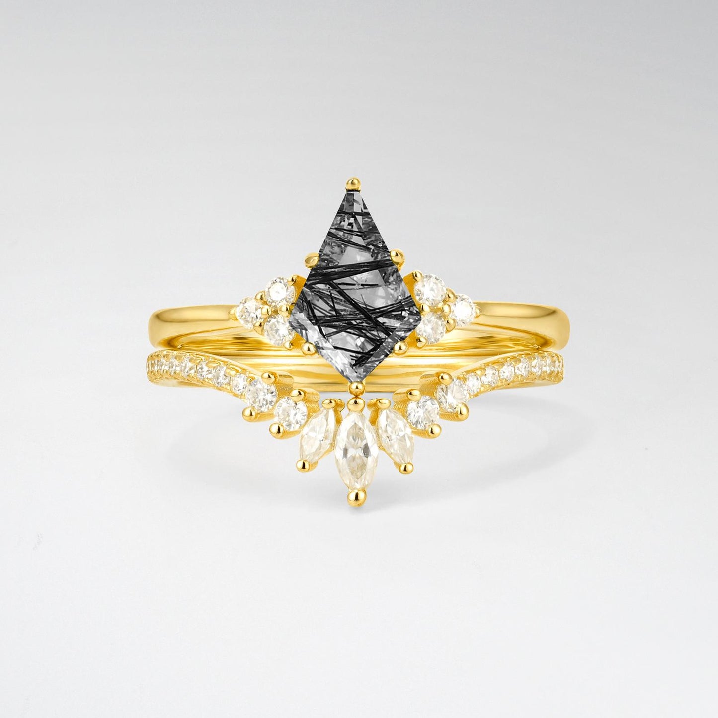 Kite Cut Black Rutilated Quartz Marquise Cluster Bridal Ring Set - product view1