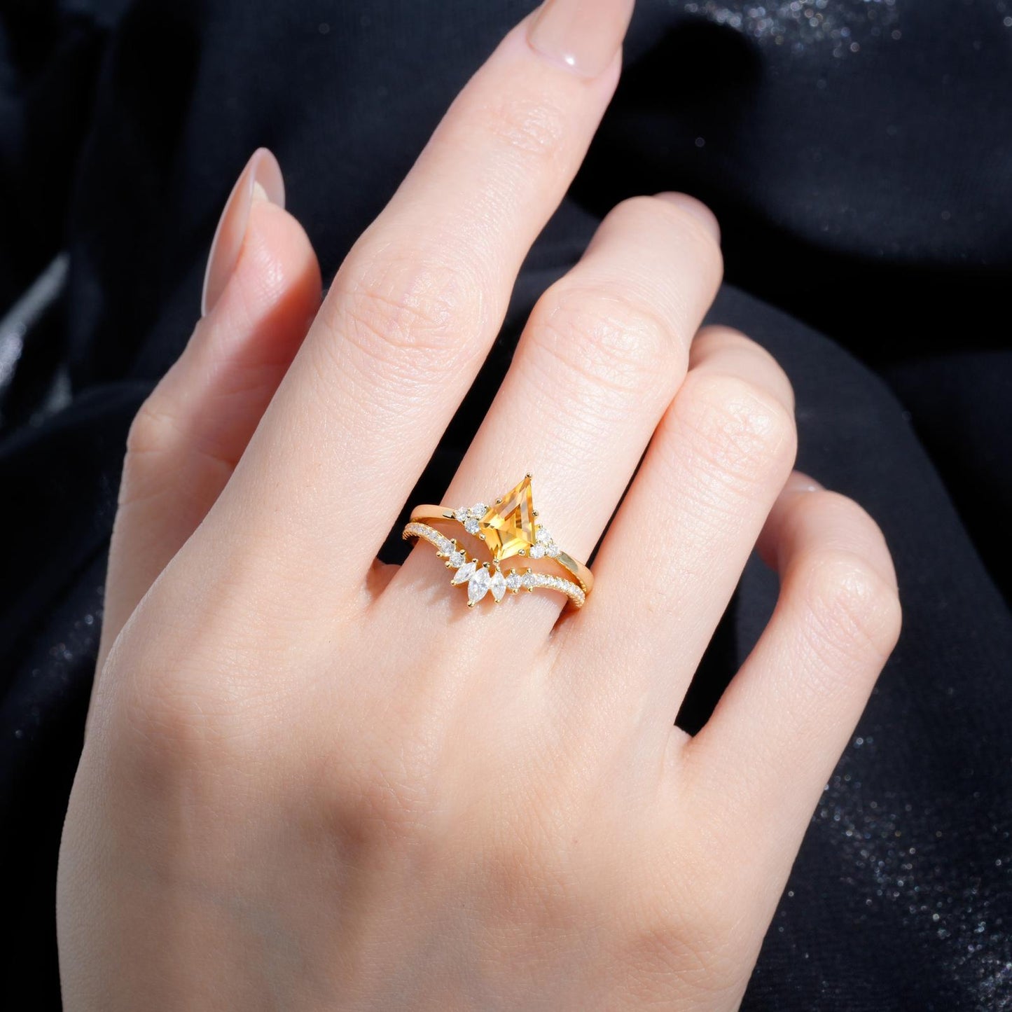 Kite Cut Citrine Marquise Cluster Bridal Ring Set - product view2