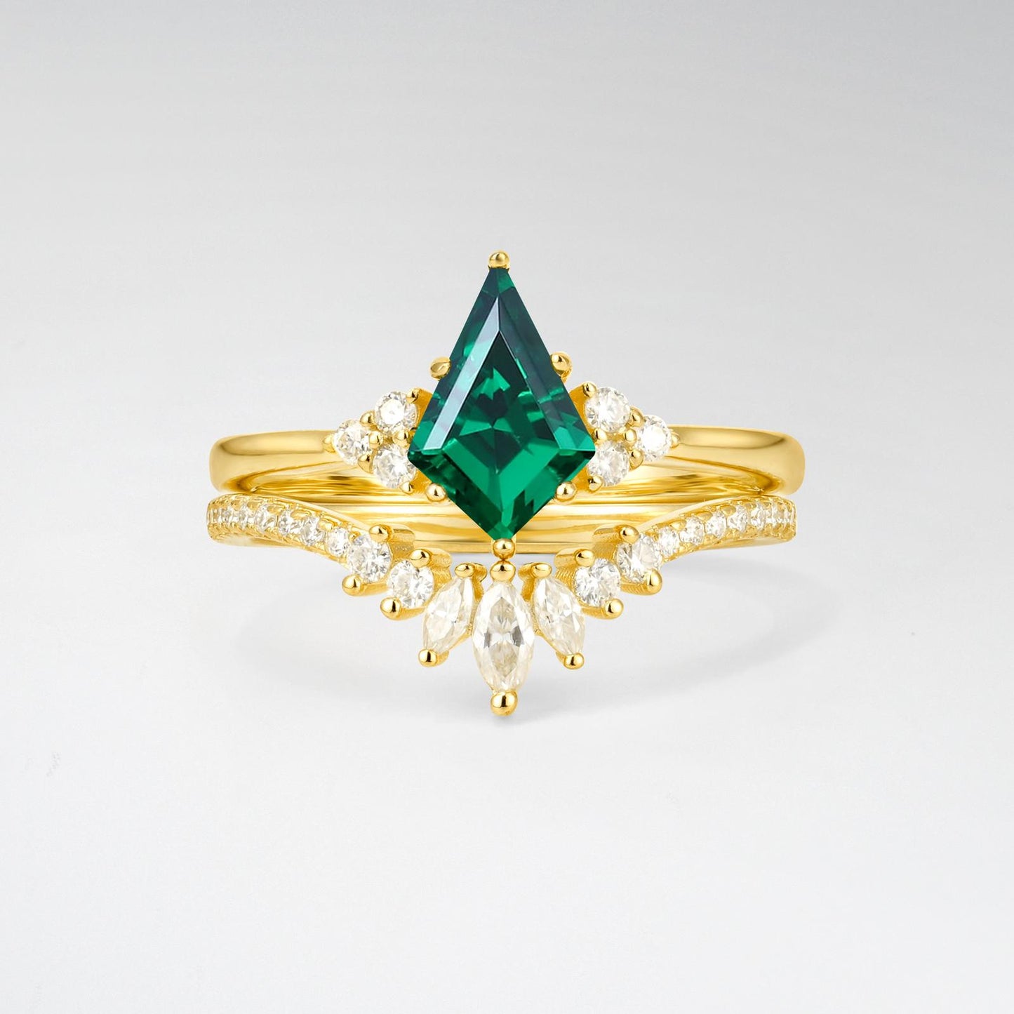 Kite Cut Emerald Marquise Cluster Bridal Ring Set - product view1
