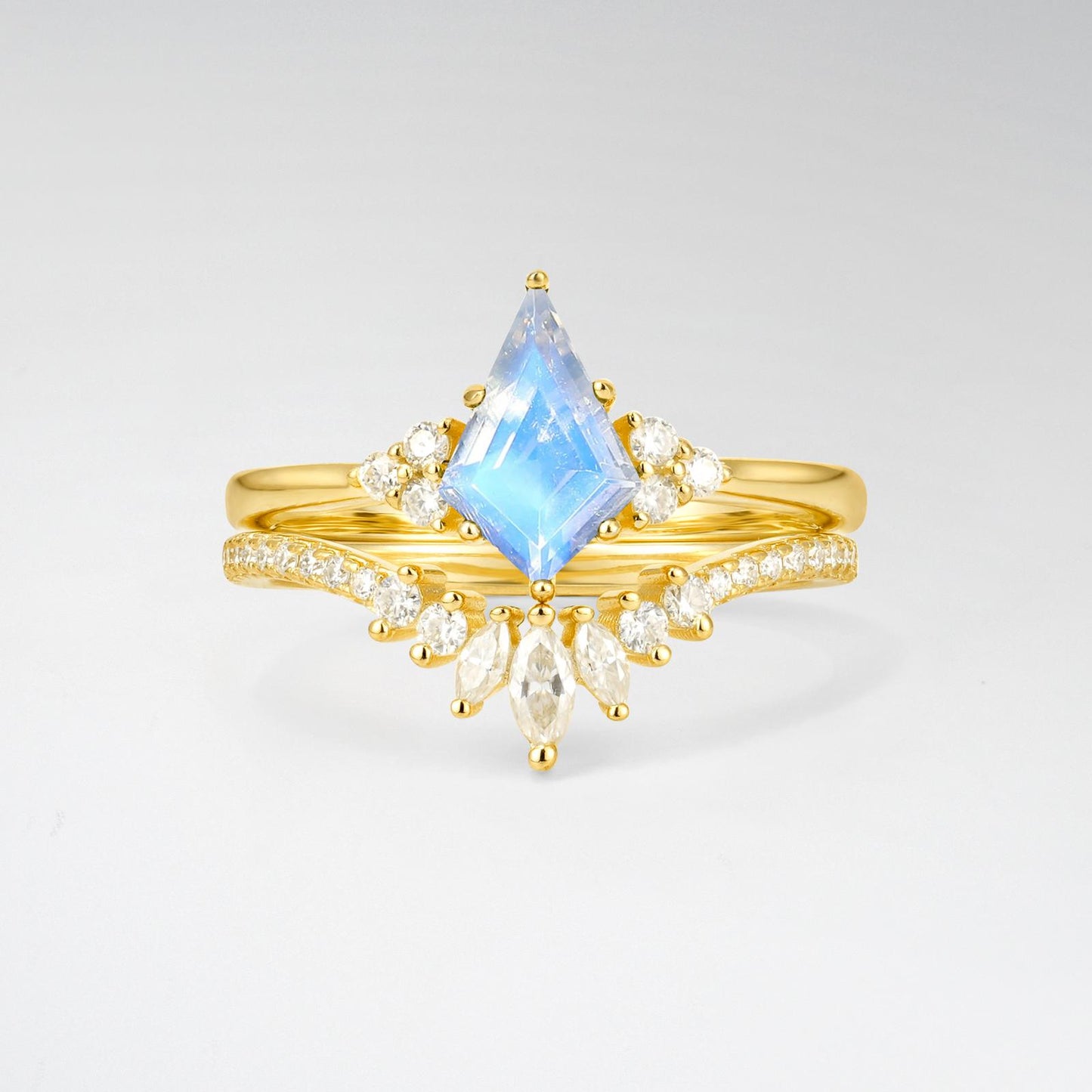 Kite Cut Moonstone Marquise Cluster Bridal Ring Set - product view1