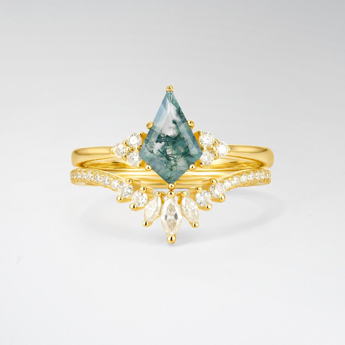 Kite Cut Moss Agate Marquise Cluster Bridal Ring Set - product view1