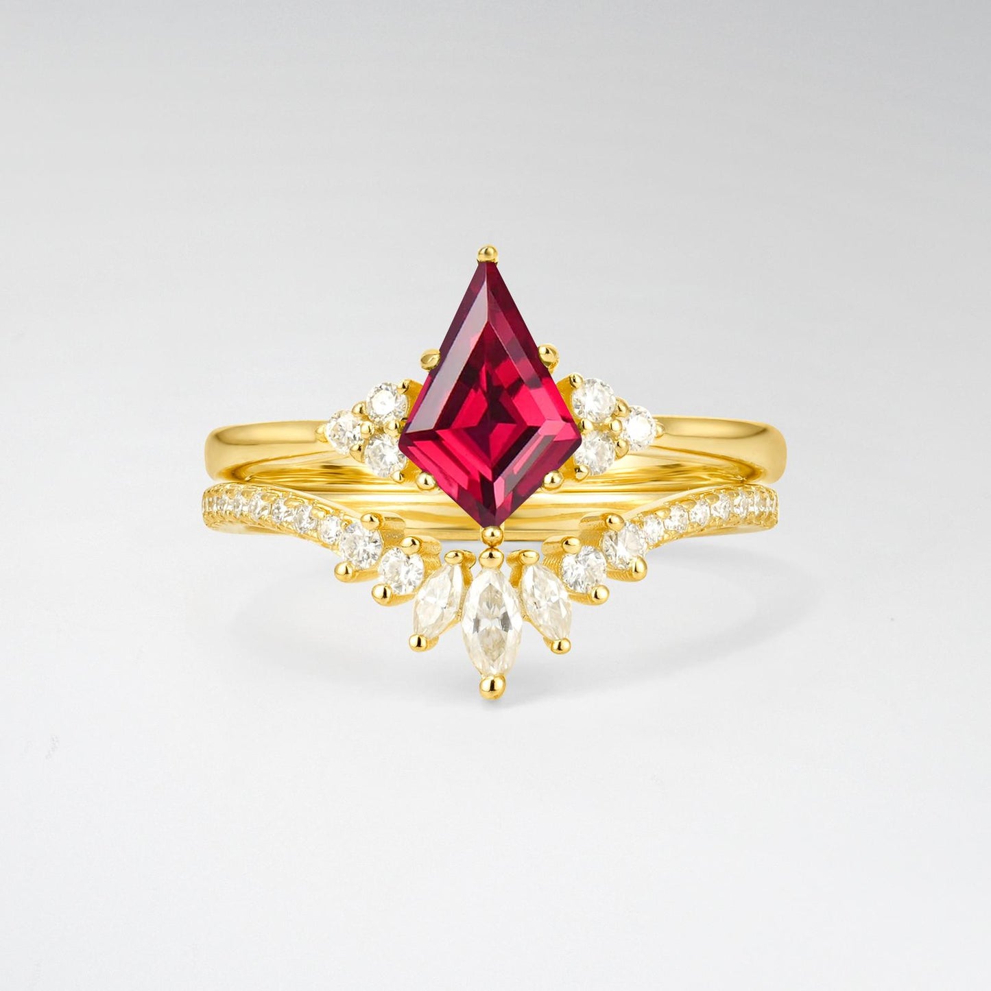 Kite Cut Ruby Marquise Cluster Bridal Ring Set - product view1