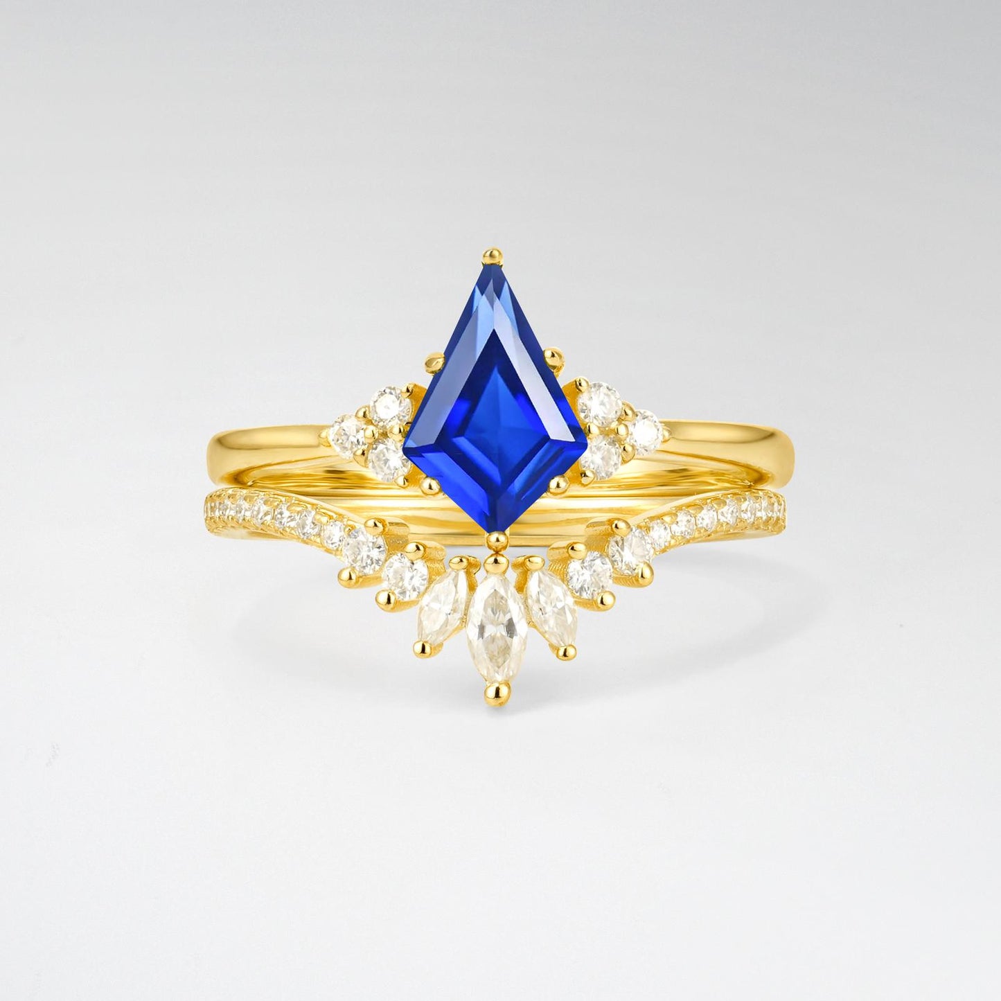 Kite Cut Sapphire Marquise Cluster Bridal Ring Set - product view1