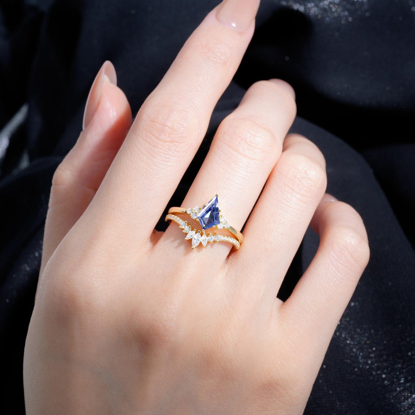 Kite Cut Tanzanite Marquise Cluster Bridal Ring Set - product view2