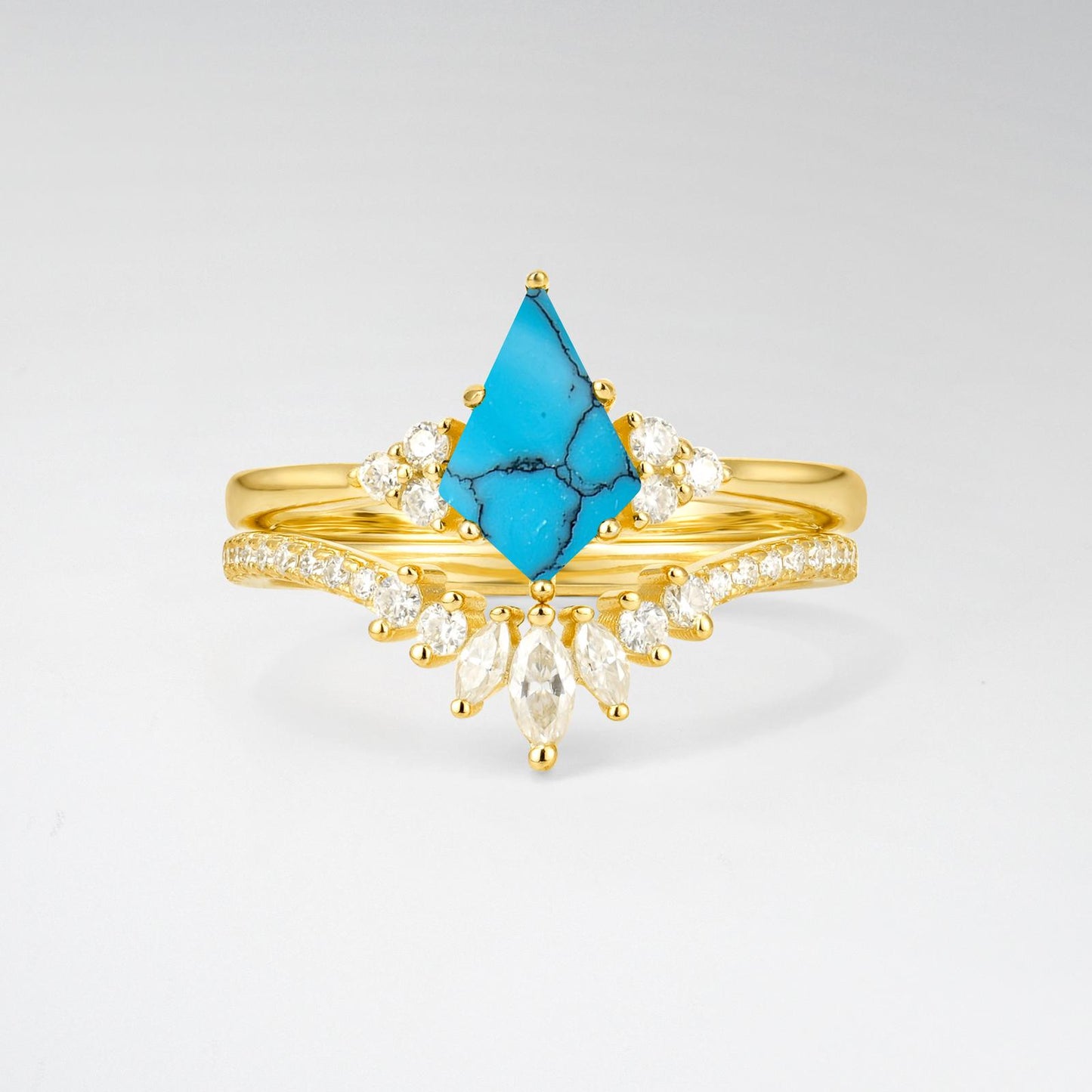 Kite Cut Turquoise Marquise Cluster Bridal Ring Set - product view1