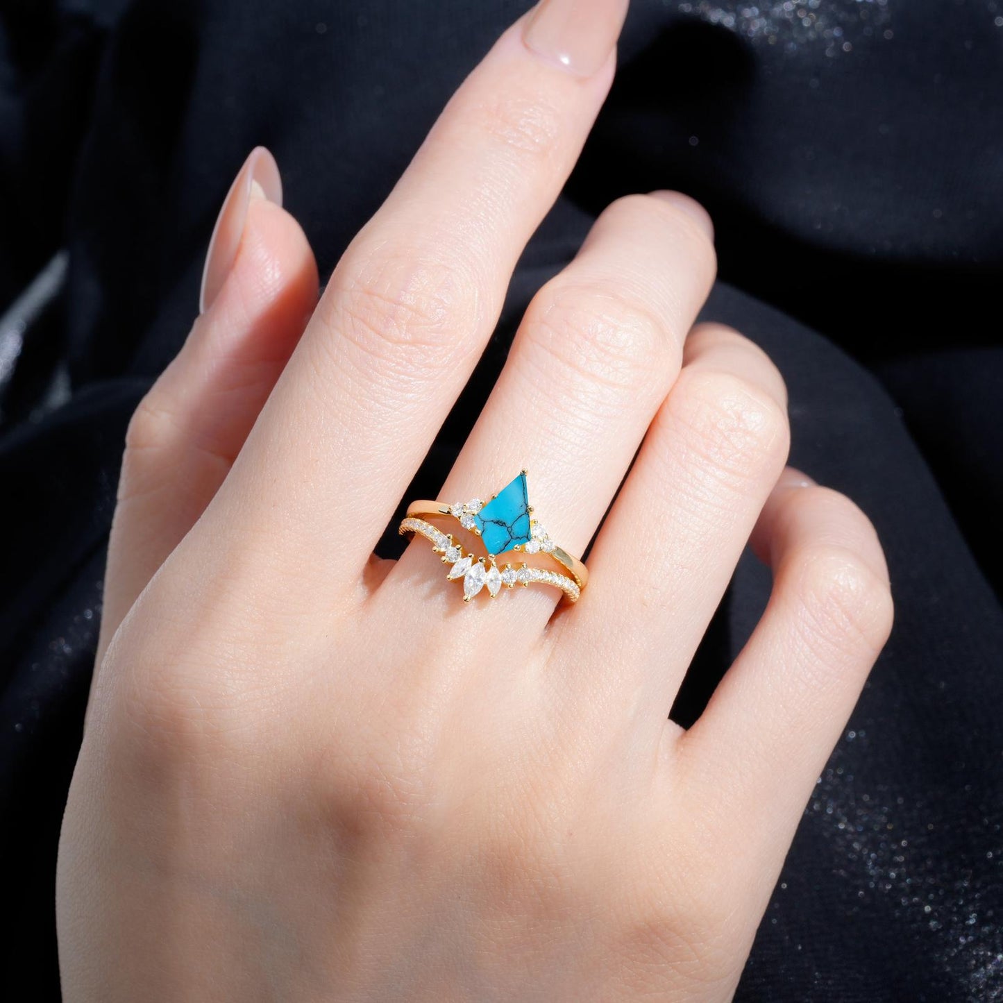 Kite Cut Turquoise Marquise Cluster Bridal Ring Set - product view2
