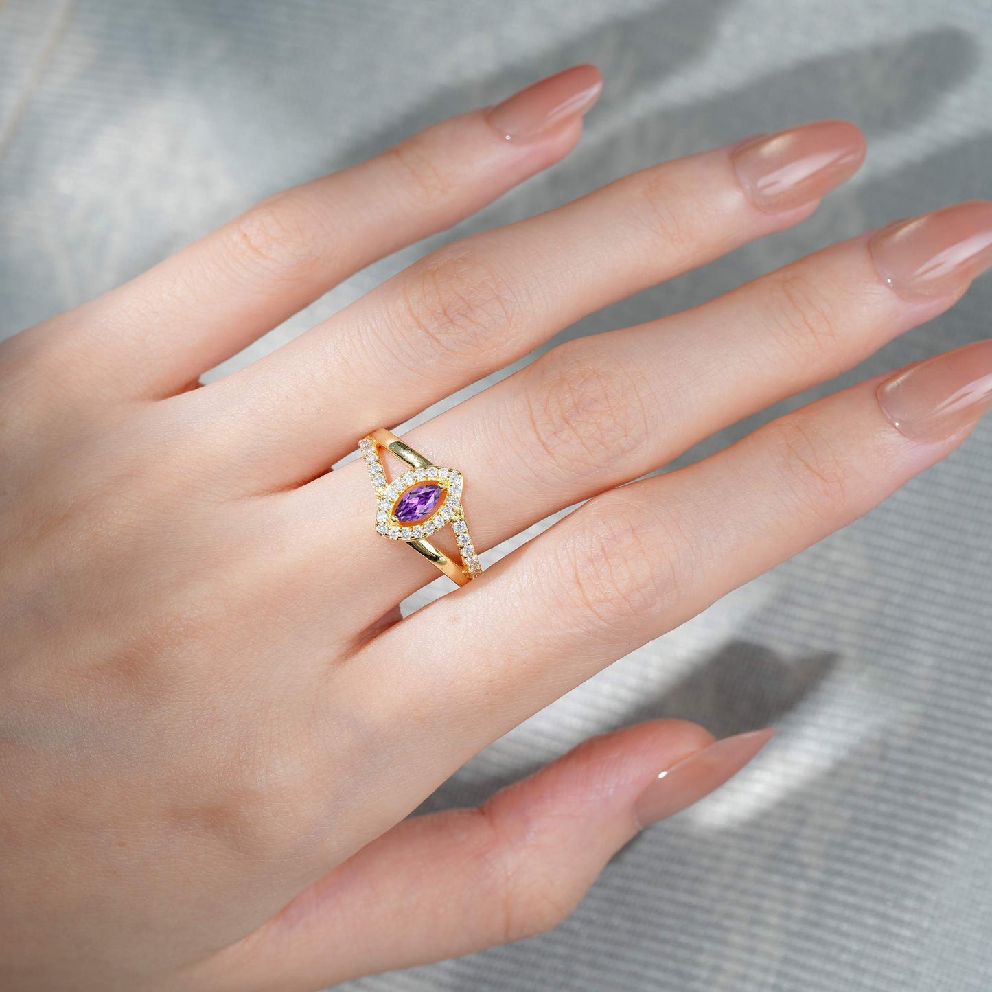 Marquise Cut Amethyst Halo Split Shank Engagement Ring - product view2