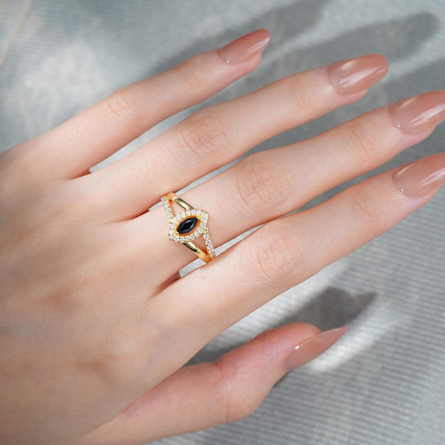 Marquise Cut Black Onyx Halo Split Shank Engagement Ring - product view2
