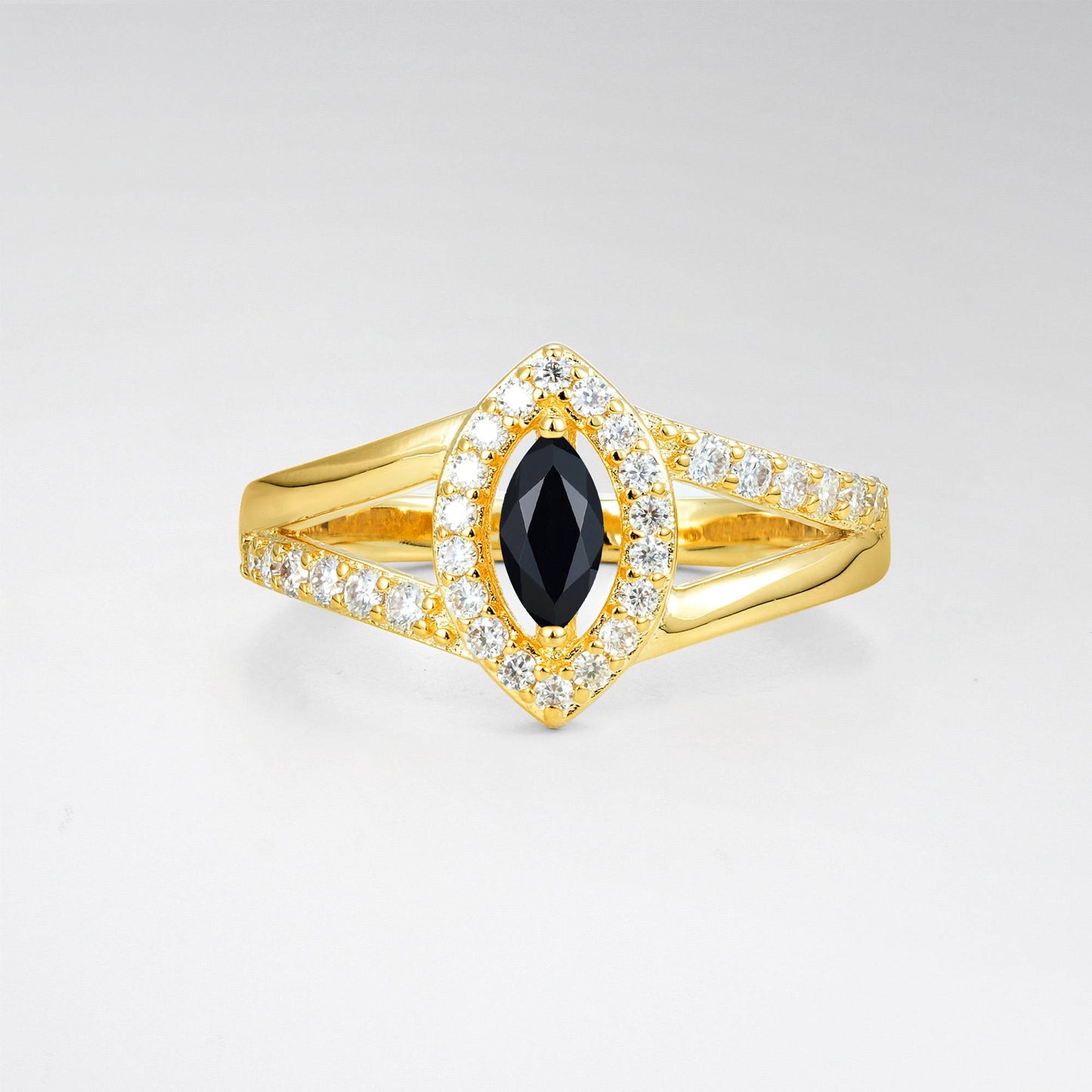 Marquise Cut Black Onyx Halo Split Shank Engagement Ring - product view1