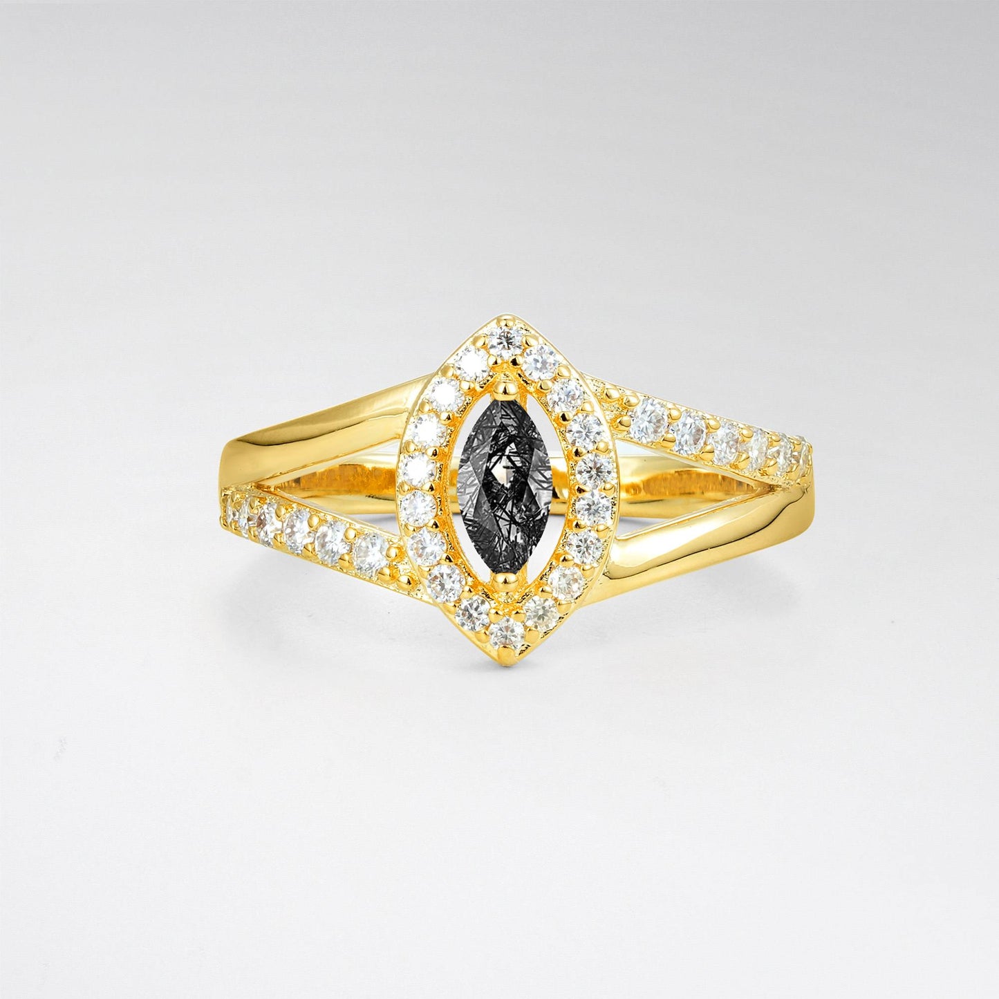 Marquise Cut Black Rutilated Quartz Halo Split Shank Engagement Ring - product view1