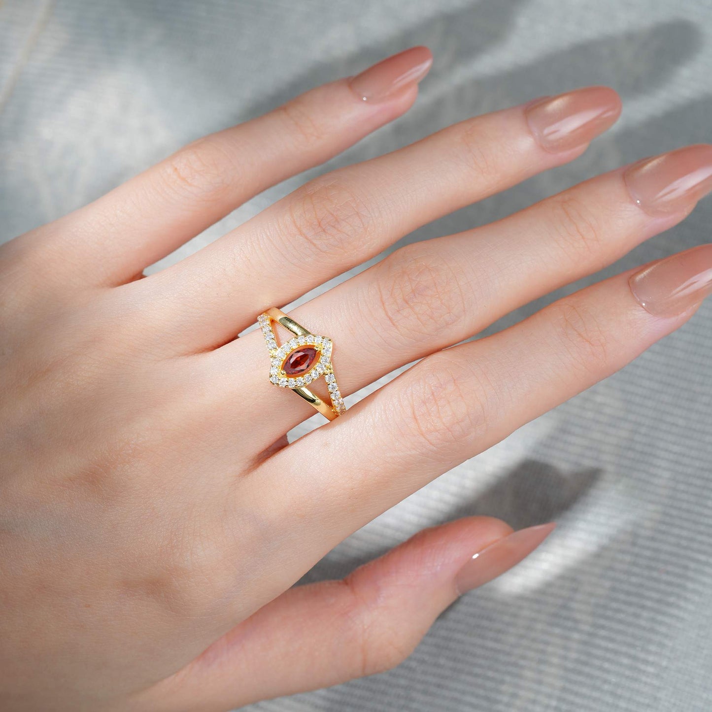 Marquise Cut Garnet Halo Split Shank Engagement Ring - product view2