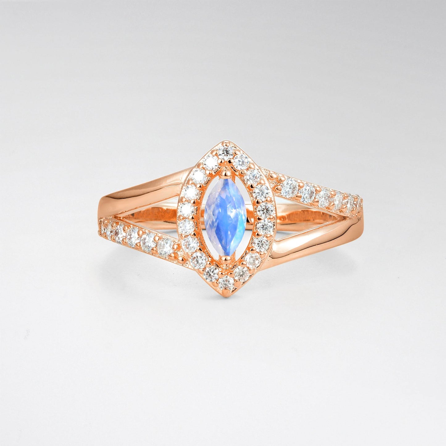 Marquise Cut Moonstone Halo Split Shank Engagement Ring - product view1