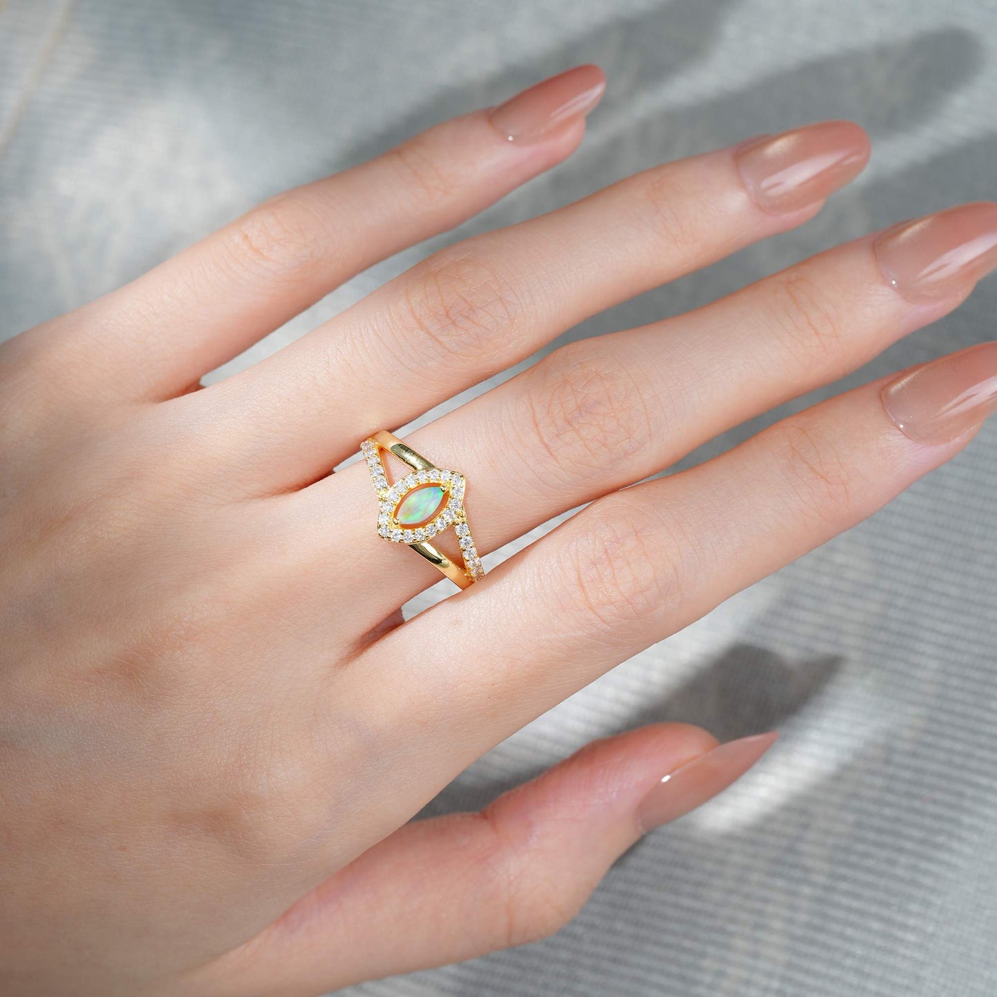 Marquise Cut Opal Halo Split Shank Engagement Ring - product view2