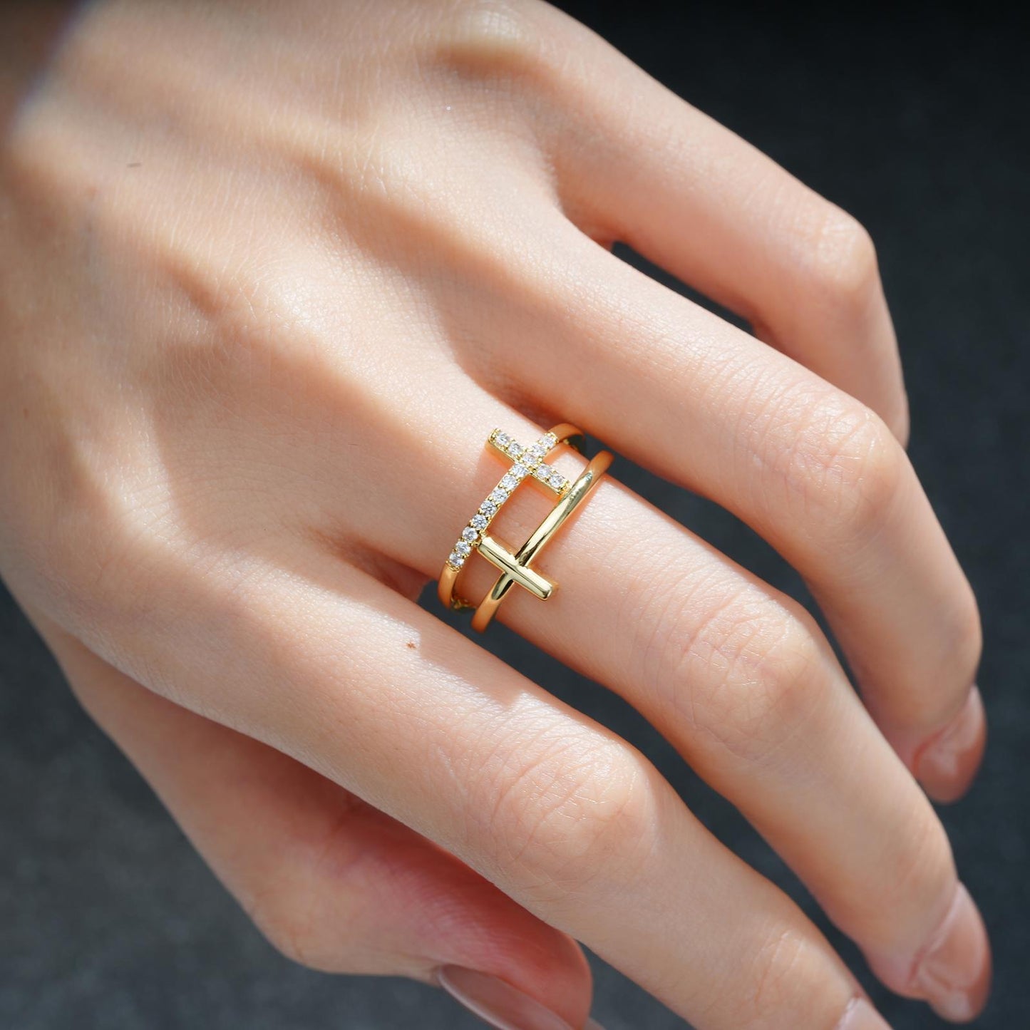 Modern Round Cut Moissanite Double Cross Multi-Row Wedding Ring - product view2