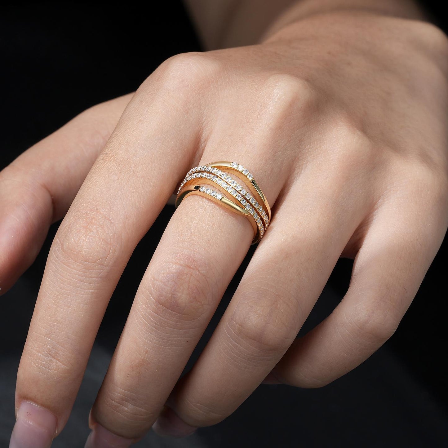 Multi-Row Crossover Round Cut Moissanite Wedding Band - product view2