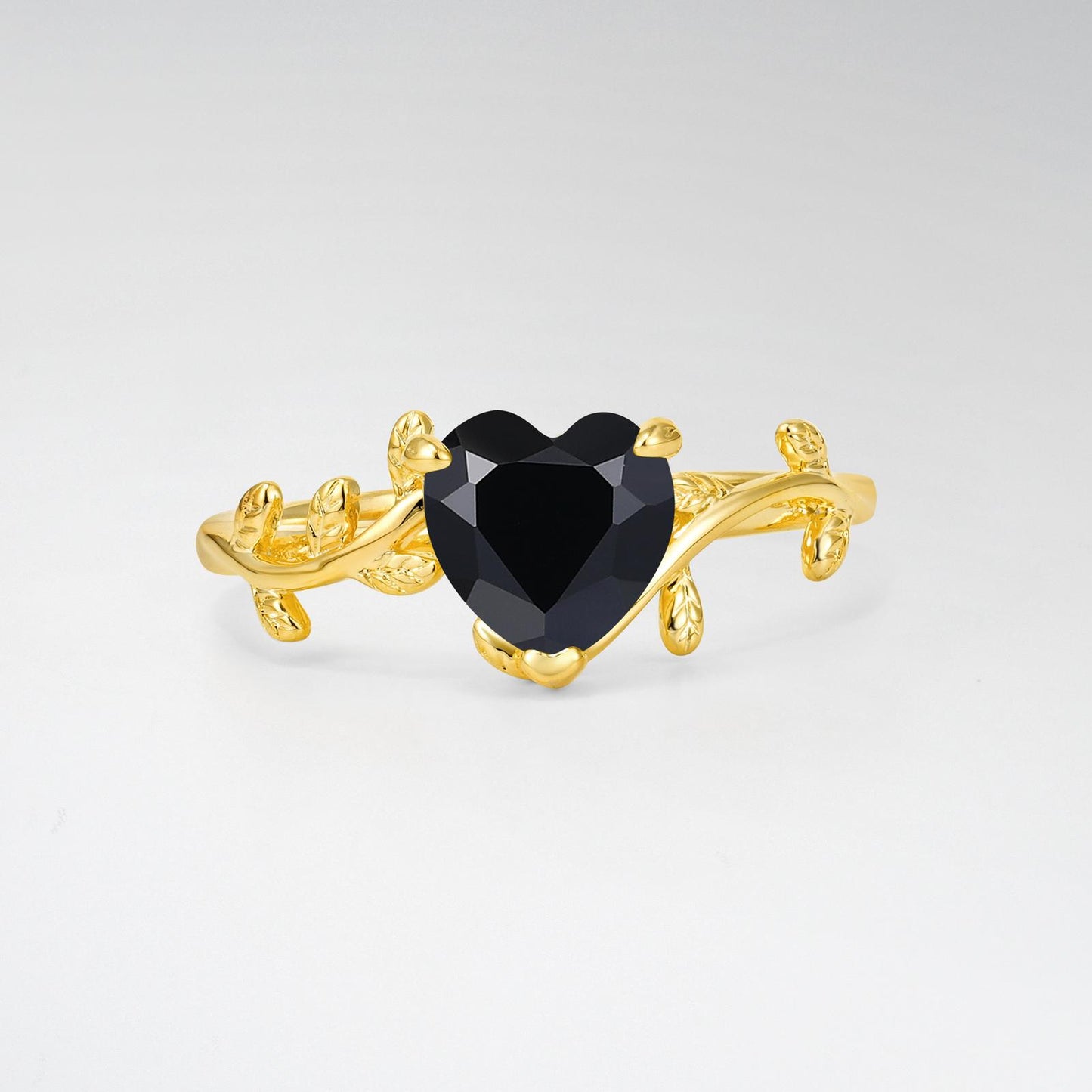 Nature-Inspired Heart Cut Black Onyx Leaf Vine Engagement Ring - product view1