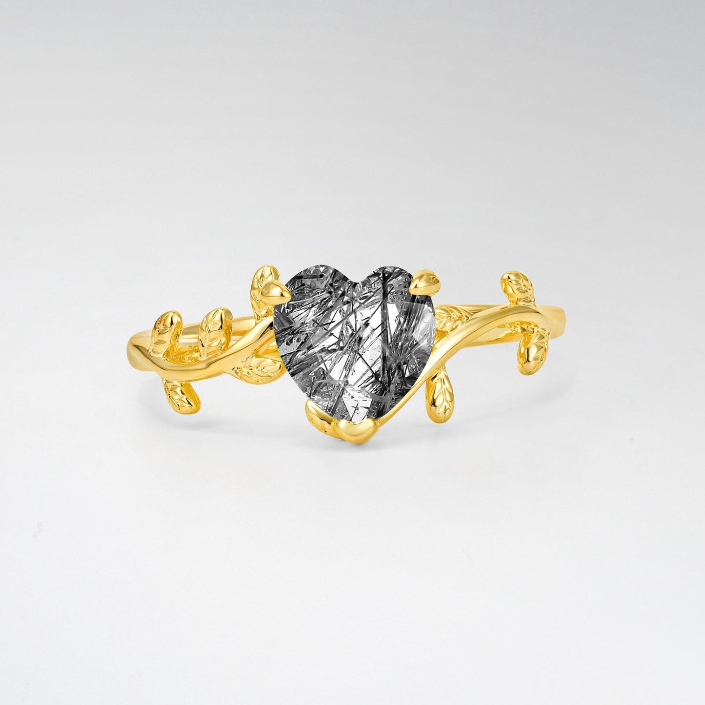 Nature-Inspired Heart Cut Black Rutilated Quartz Leaf Vine Engagement Ring - product view1