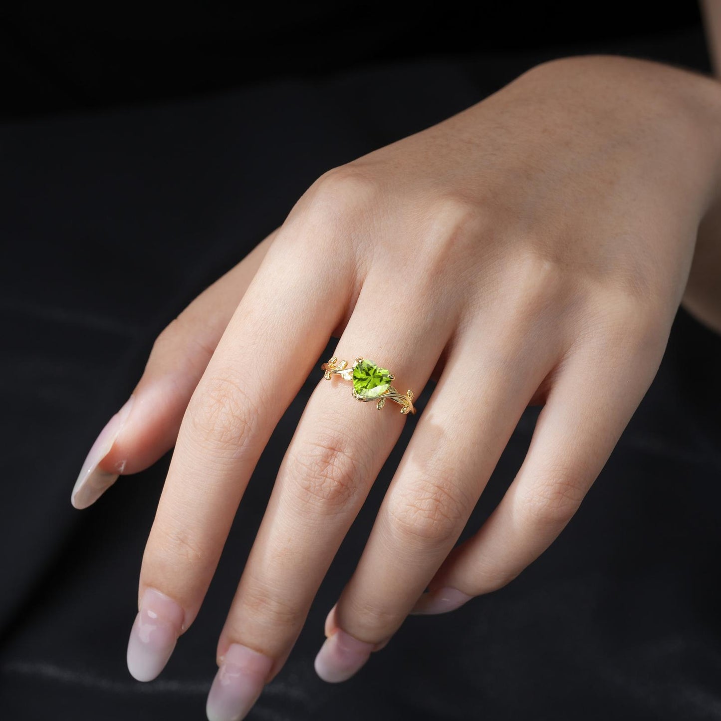 Nature-Inspired Heart Cut Peridot Leaf Vine Engagement Ring - product view2